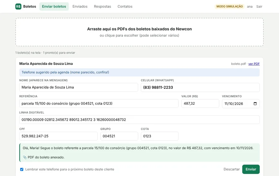 Tela do sistema de envio de boletos, com os dados do boleto lidos do PDF e a mensagem pronta para o WhatsApp