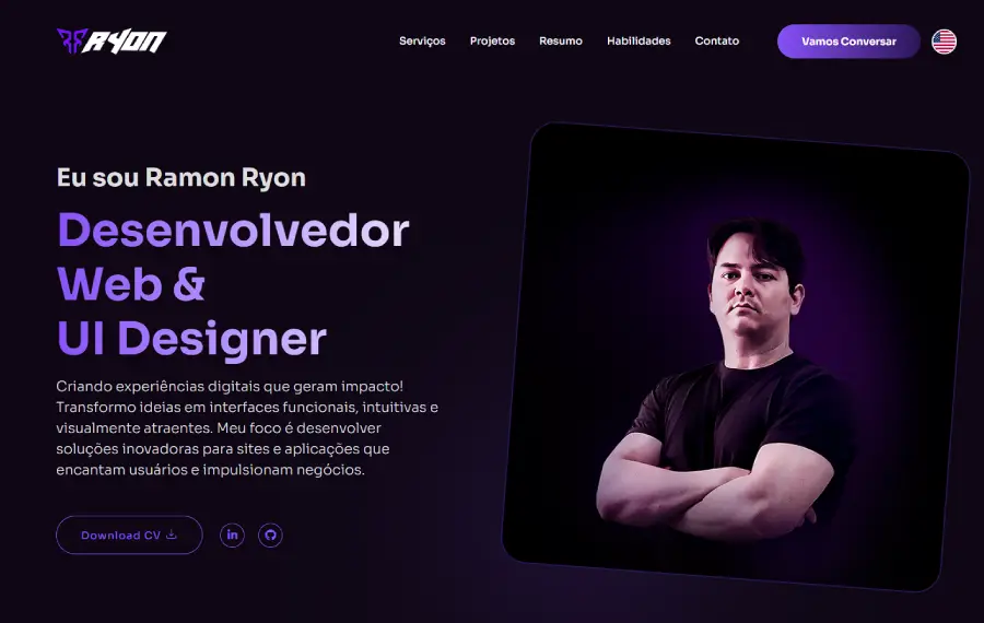 Tela do Site pessoal de portfólio com serviços, projetos com filtro por categoria, experiência e contato direto pelo WhatsApp.